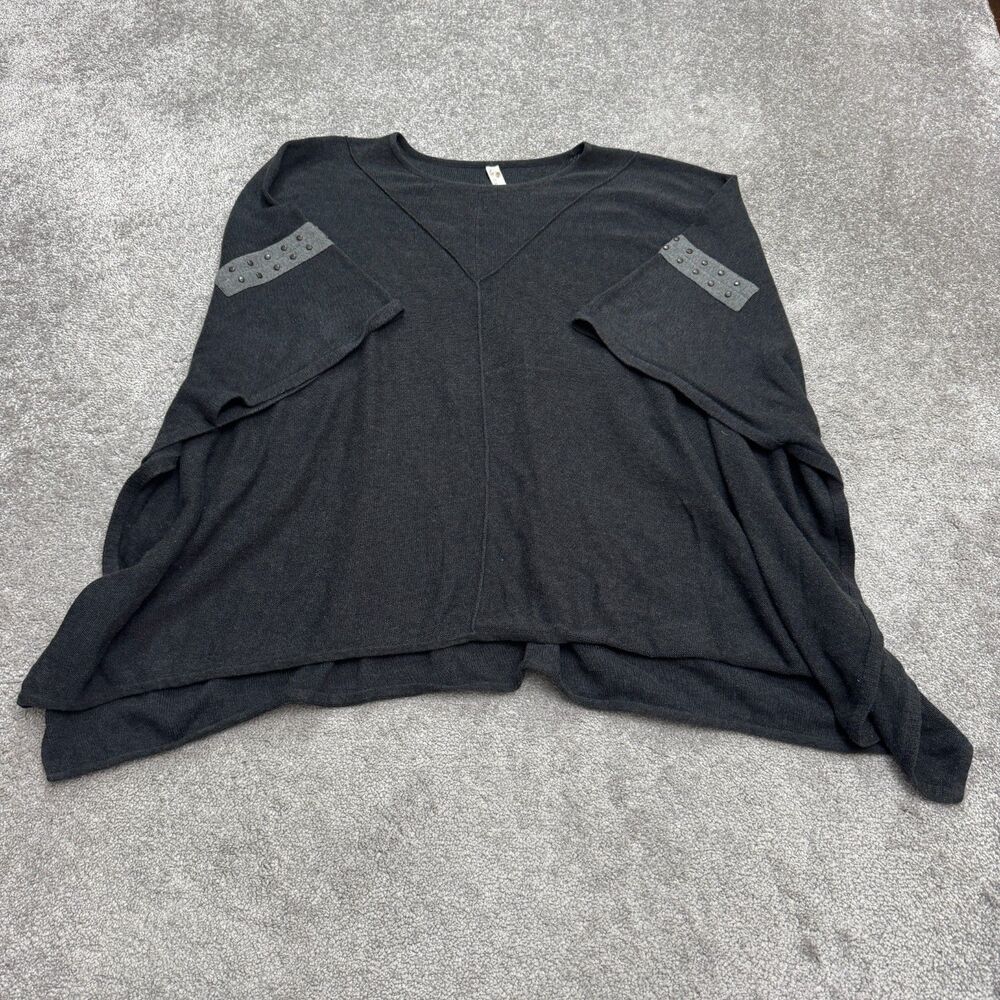 Organic Cotton Cape Poncho Sweater Blouse Womens 0s Dark Gray V-Neck Hand Loom